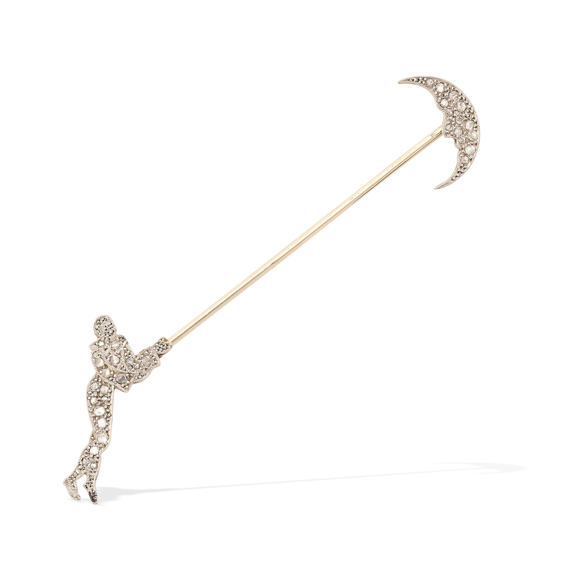 A FRENCH DIAMOND MAN AND THE MOON JABOT PIN in 18ct white gold, depicting a man looking up at the