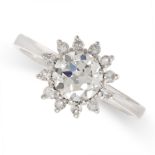 A DIAMOND CLUSTER RING in 18ct white gold, set with an old European cut diamond of 1.00 carats, in a
