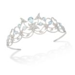 AN AQUAMARINE AND DIAMOND TIARA in 18ct white gold, in foliate design, set with pear shaped