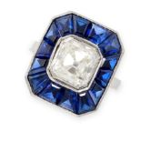 A FRENCH ART DECO DIAMOND AND SAPPHIRE RING in platinum, of target design, set with a central old
