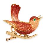 BOUCHERON, AN EMERALD AND ENAMEL SONG BIRD BROOCH in 18ct yellow gold, designed as a song bird