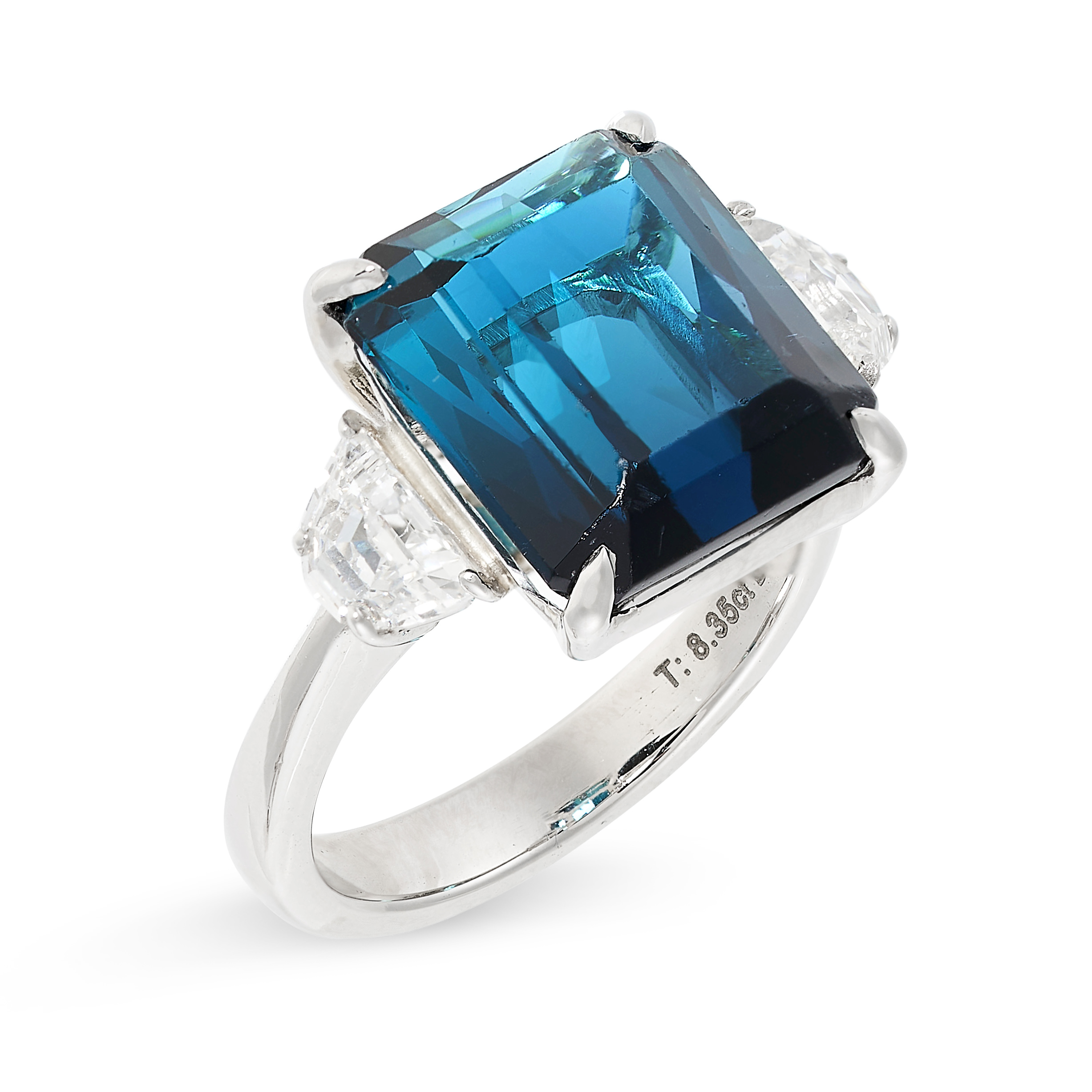 AN INDICOLITE TOURMALINE AND DIAMOND RING set with an octagonal step cut indicolite (dark blue - Image 2 of 2