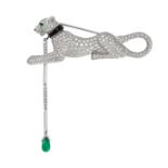 CARTIER, A DIAMOND, SAPPHIRE, EMERALD, ONYX AND PEARL PANTHERE BROOCH / PENDANT in platinum,