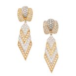 A PAIR OF DIAMOND DROP EARRINGS 18ct white and yellow gold, the top pave set with round brilliant