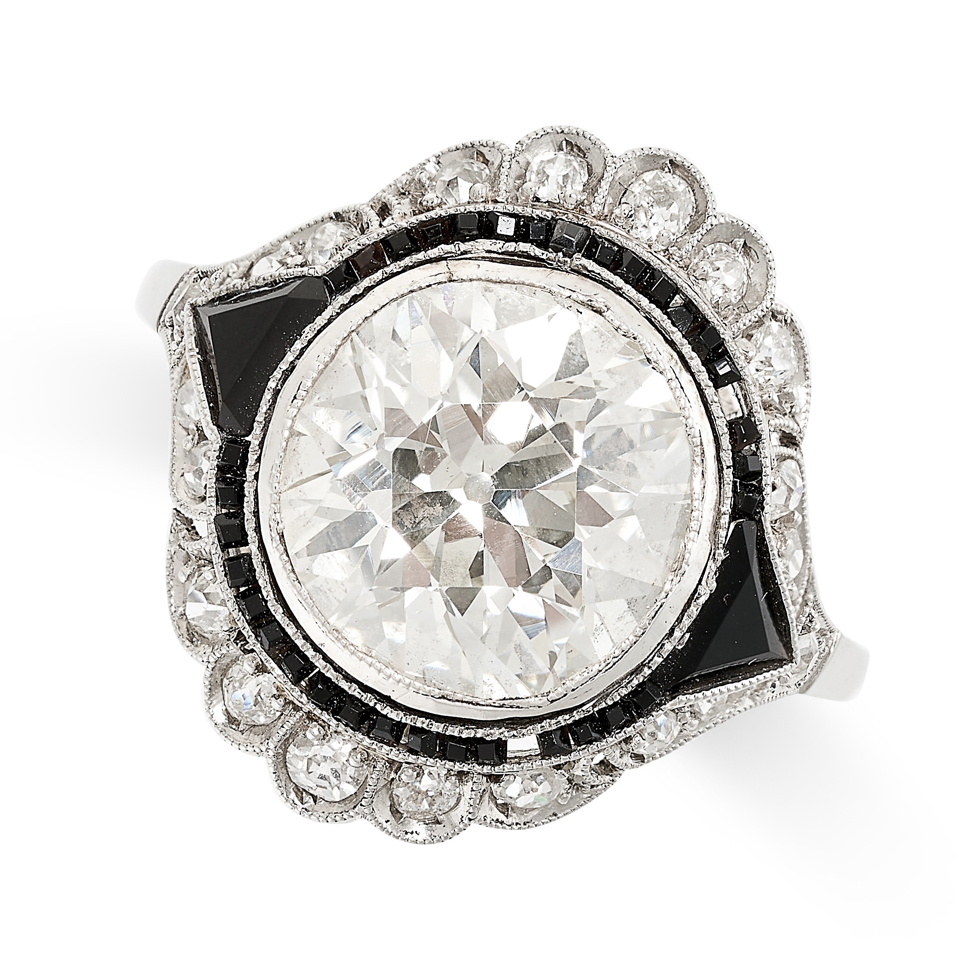 A DIAMOND AND ONYX DRESS RING set with an old European cut diamond of 4.46 carats in a calibre cut