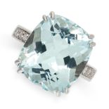 AN AQUAMARINE AND DIAMOND RING in 14ct white gold, set with a cushion cut aquamarine of 9.11 carats,