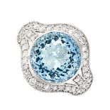 AN AQUAMARINE AND DIAMOND DRESS RING set with a round mixed cut aquamarine, accented by single cut