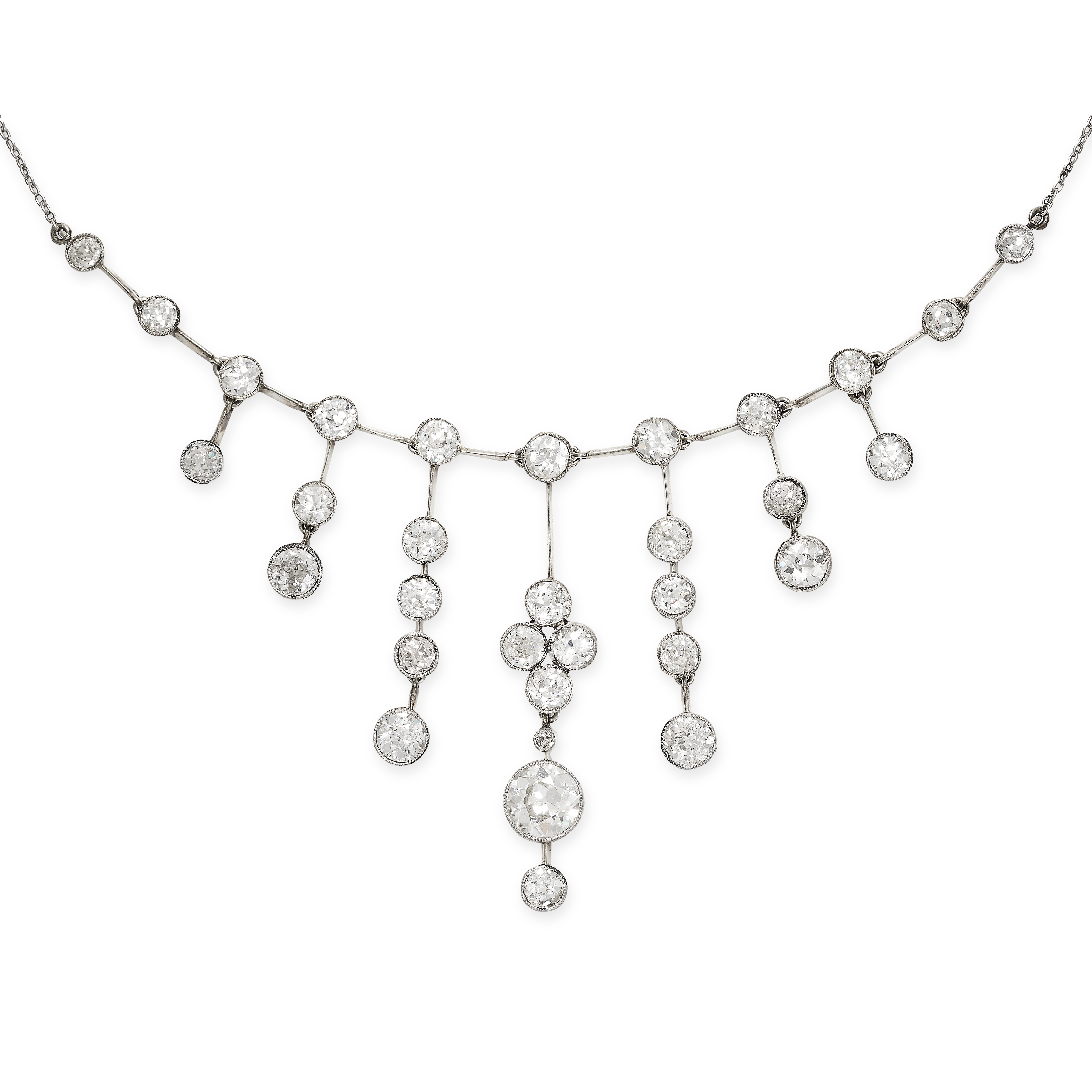 A DIAMOND NECKLACE, EARLY 20TH CENTURY comprising a row of old cut diamonds above seven drops set