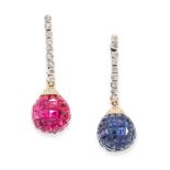 A PAIR OF RUBY, SAPPHIRE AND DIAMOND DROP EARRINGS each comprising a row of single cut diamonds