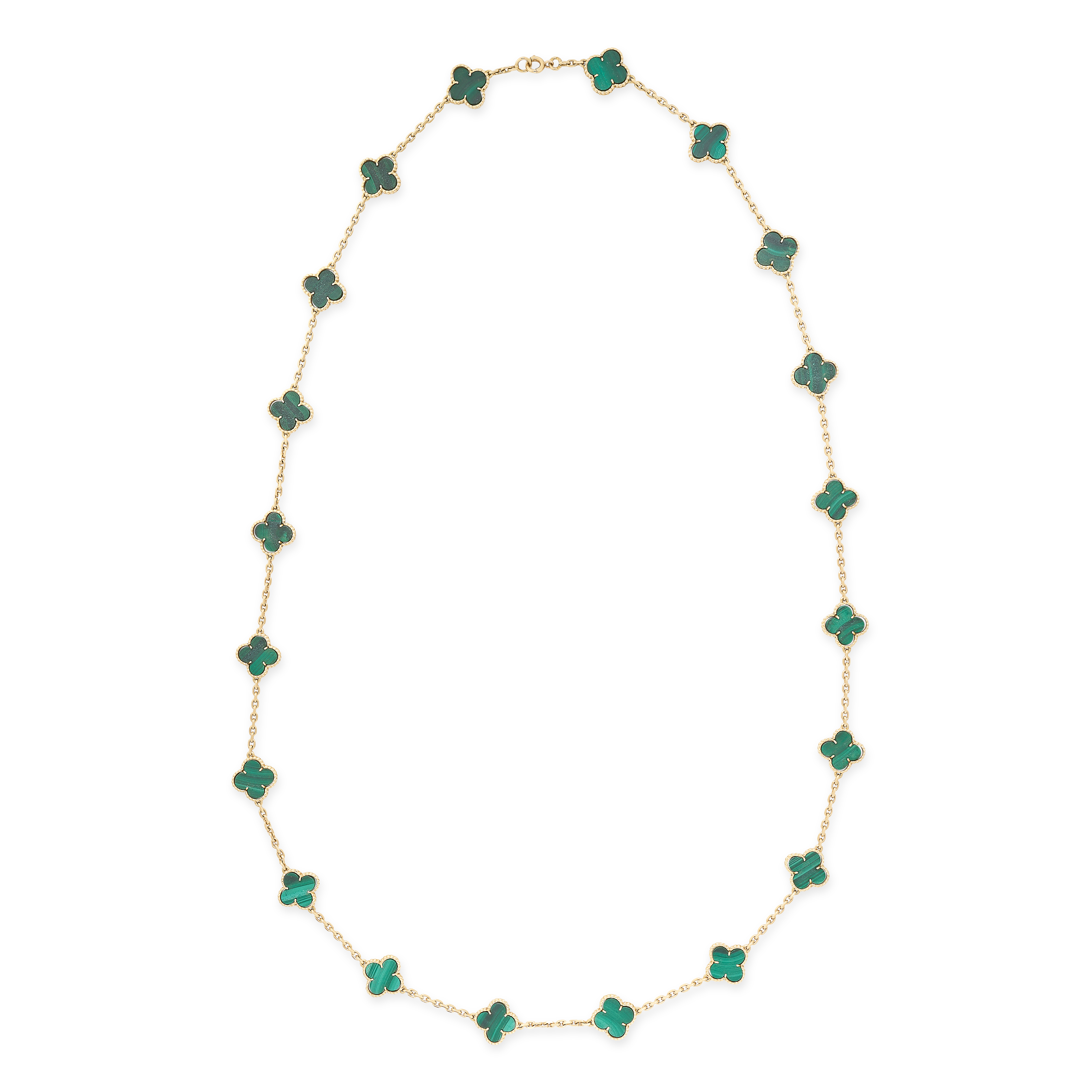 VAN CLEEF & ARPELS, A MALACHITE ALHAMBRA NECKLACE in 18ct yellow gold, the chain punctuated by