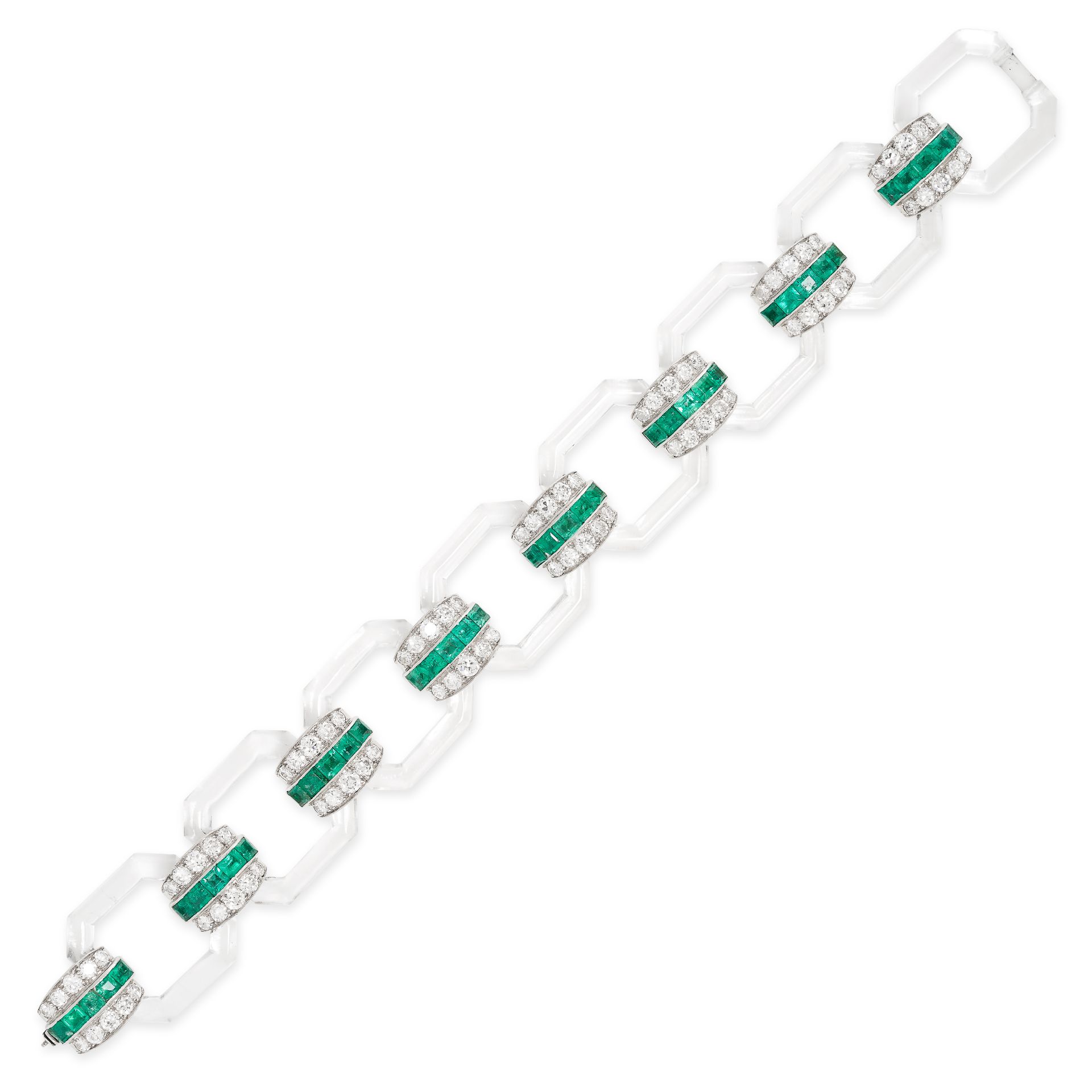 HENNEL, AN IMPORTANT ART DECO ROCK CRYSTAL, EMERALD AND DIAMOND BRACELET, 1929 comprising a row of