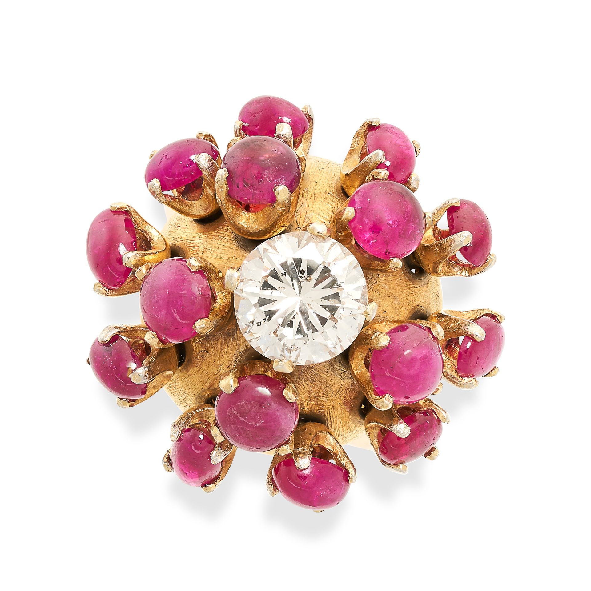A RUBY AND DIAMOND DRESS RING in yellow gold, the domed face set with a round brilliant cut