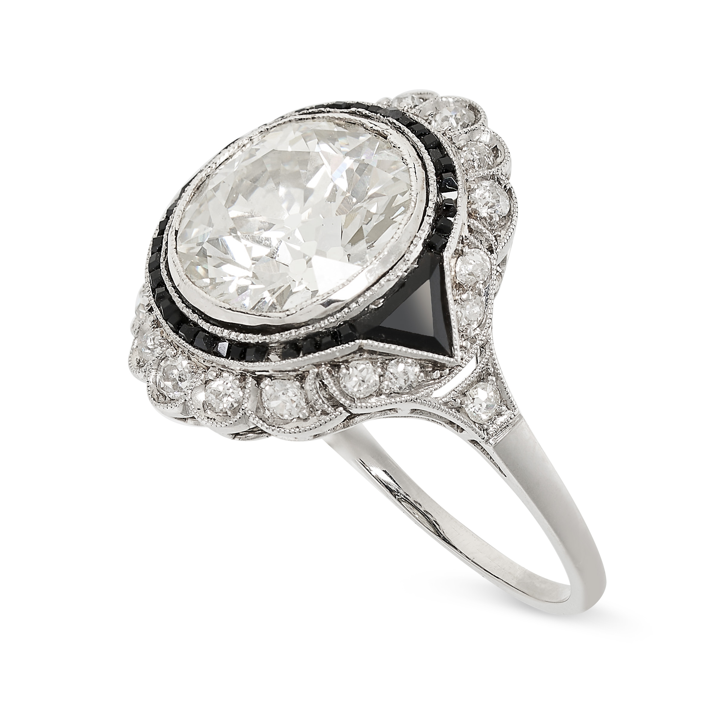 A DIAMOND AND ONYX DRESS RING set with an old European cut diamond of 4.46 carats in a calibre cut - Image 2 of 2