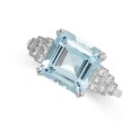 AN AQUAMARINE AND DIAMOND RING in platinum, set with a central emerald cut aquamarine of 2.80 carats