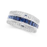 A SAPPHIRE AND DIAMOND DRESS RING designed with a central domed channel of carré cut sapphires and