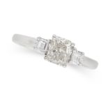 A DIAMOND THREE STONE RING in 18ct white gold, set with a radiant cut diamond of 1.10 carats between