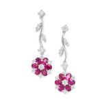 A PAIR OF RUBY AND DIAMOND DROP EARRINGS in 18ct white gold, in floral design, set with round cut