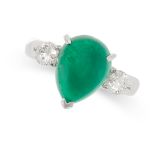 A CABOCHON EMERALD AND DIAMOND RING in platinum, set with a cabochon emerald of 4.91 carats,