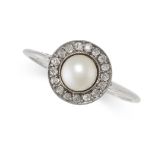 A PEARL AND DIAMOND RING set with a pearl of 6.1mm in a border of old cut diamonds, no assay