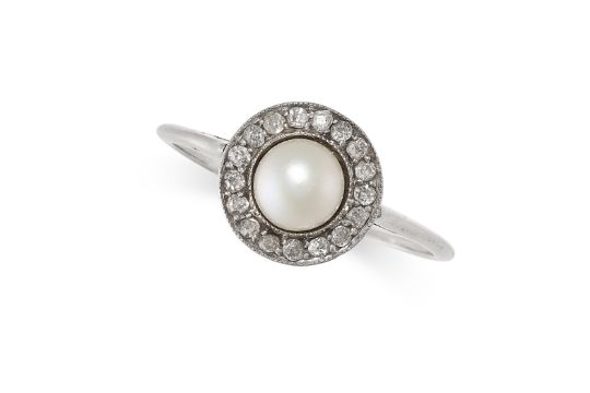 A PEARL AND DIAMOND RING set with a pearl of 6.1mm in a border of old cut diamonds, no assay