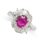 A RUBY AND DIAMOND RING in platinum, set with an oval cut ruby of 1.61 carats, in a border of