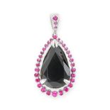 A BLACK DIAMOND AND RUBY PENDANT set with a pear cut black diamond of 4.17 carats within a cluster