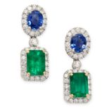 A PAIR OF EMERALD, SAPPHIRE AND DIAMOND EARRINGS each set with an emerald cut emerald within a