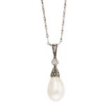 AN ANTIQUE PEARL AND DIAMOND PENDANT NECKLACE set with a pearl drop accented by old cut diamonds, no