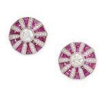 A PAIR OF RUBY AND DIAMOND STUD EARRINGS in platinum, in target design, each set with a central