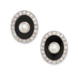 A PAIR OF PEARL, ONYX AND DIAMOND EARRINGS the oval face set to the centre with a pearl on a