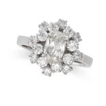 A DIAMOND CLUSTER RING in 18ct white gold, set with a central cushion cut diamond of 1.00 carats