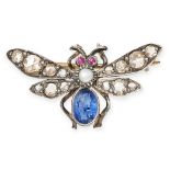 AN ANTIQUE SAPPHIRE AND DIAMOND BEE BROOCH set with round cut ruby eyes, rose cut diamond set