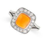 A FIRE OPAL AND DIAMOND CLUSTER RING set with a square cabochon fire opal of 1.66 carats, within a