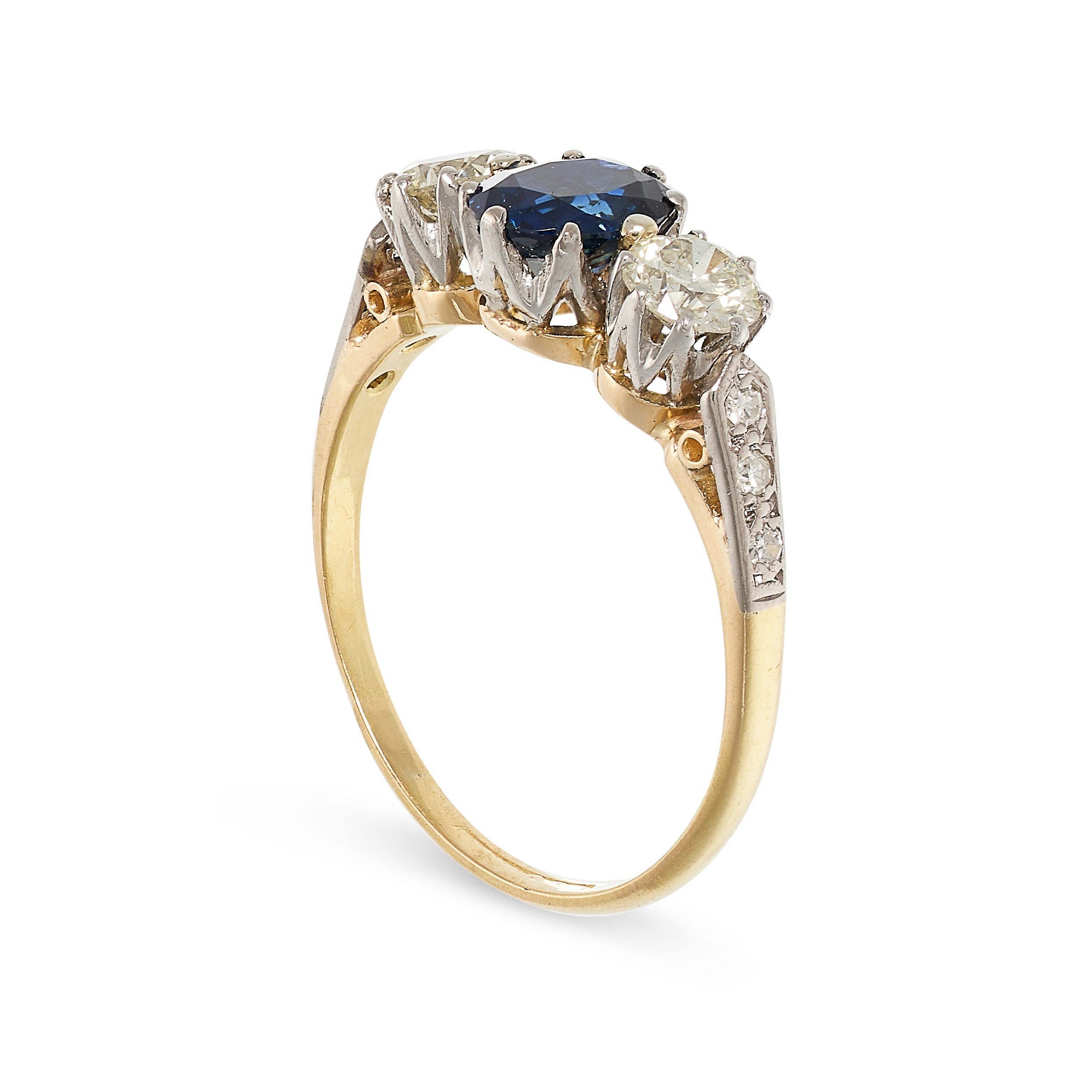 A VINTAGE SAPPHIRE AND DIAMOND RING set with an oval cut sapphire of 0.94 carats between two round - Image 2 of 2