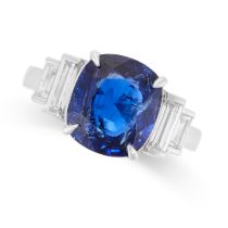 A BURMA NO HEAT SAPPHIRE AND DIAMOND DRESS RING in platinum, set with a cushion cut sapphire of 5.05