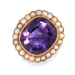 AN AMETHYST AND PEARL DRESS RING, 19TH CENTURY AND LATER in yellow gold, set with a large cushion