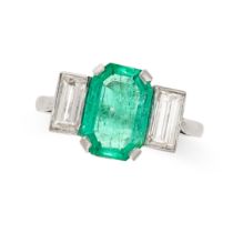 A COLOMBIAN EMERALD AND DIAMOND RING set with an emerald cut emerald of 2.39 carats, between two