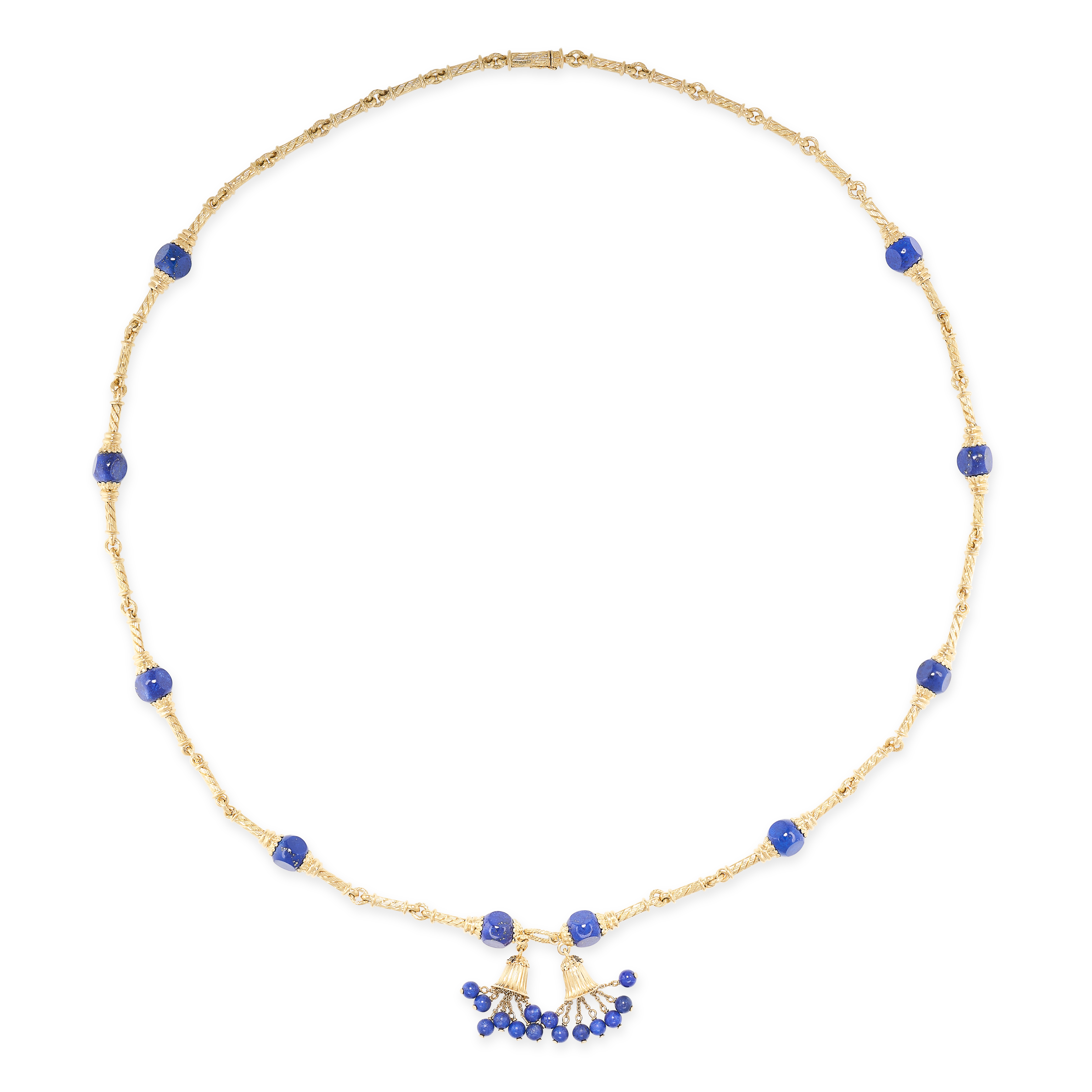 CARLO WEINGRILL, A GOLD AND LAPIS LAZULI TASSEL NECKLACE in yellow gold, comprising gold batons