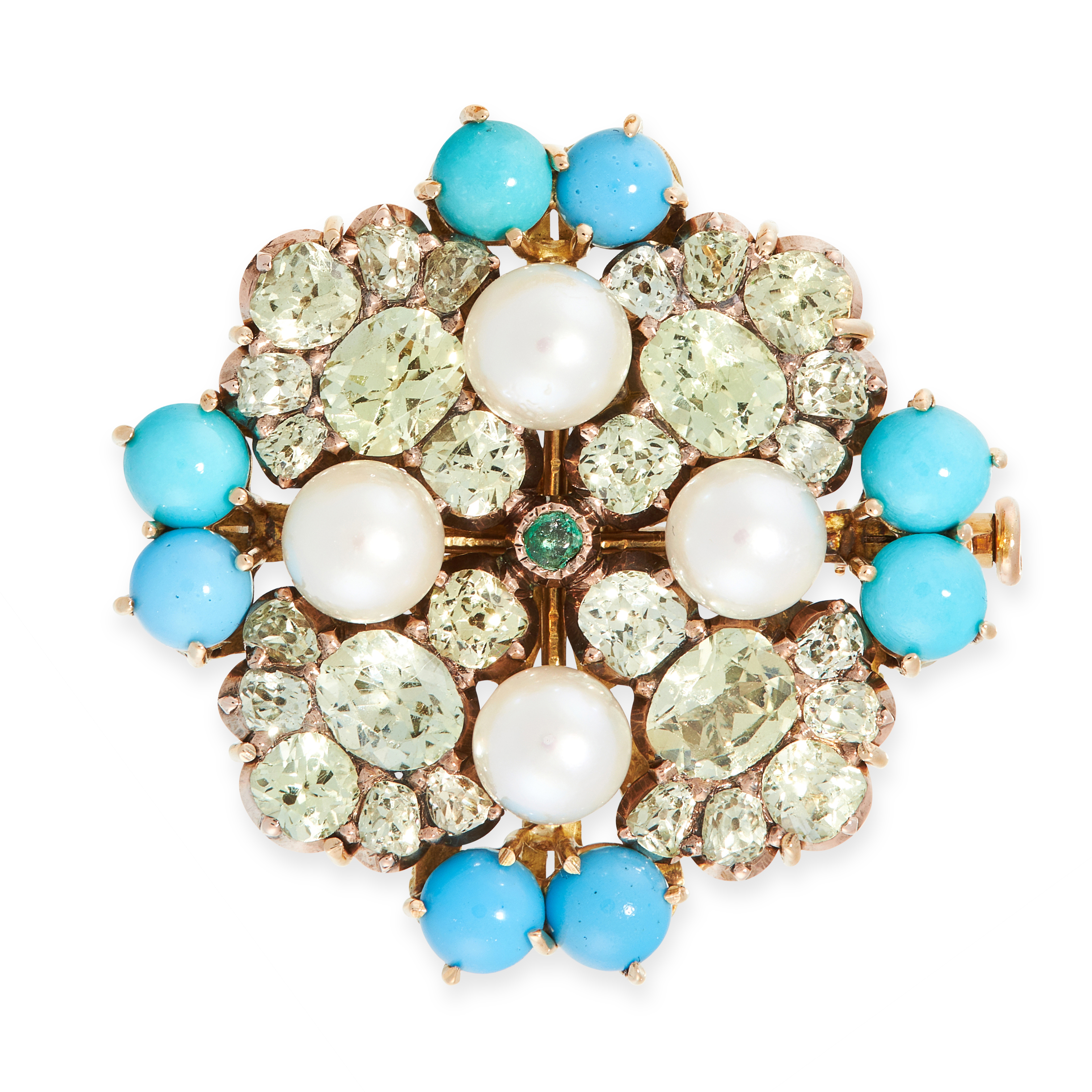 A PEARL, CHRYSOBERYL, EMERALD AND TURQUOISE BROOCH of circular design, set with a central cabochon