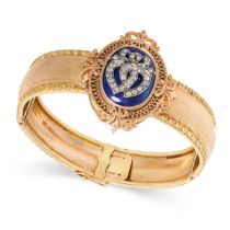 AN ANTIQUE VICTORIAN DIAMOND BAGUE DE FIRMAMENT BANGLE in yellow gold, the oval face set with a blue