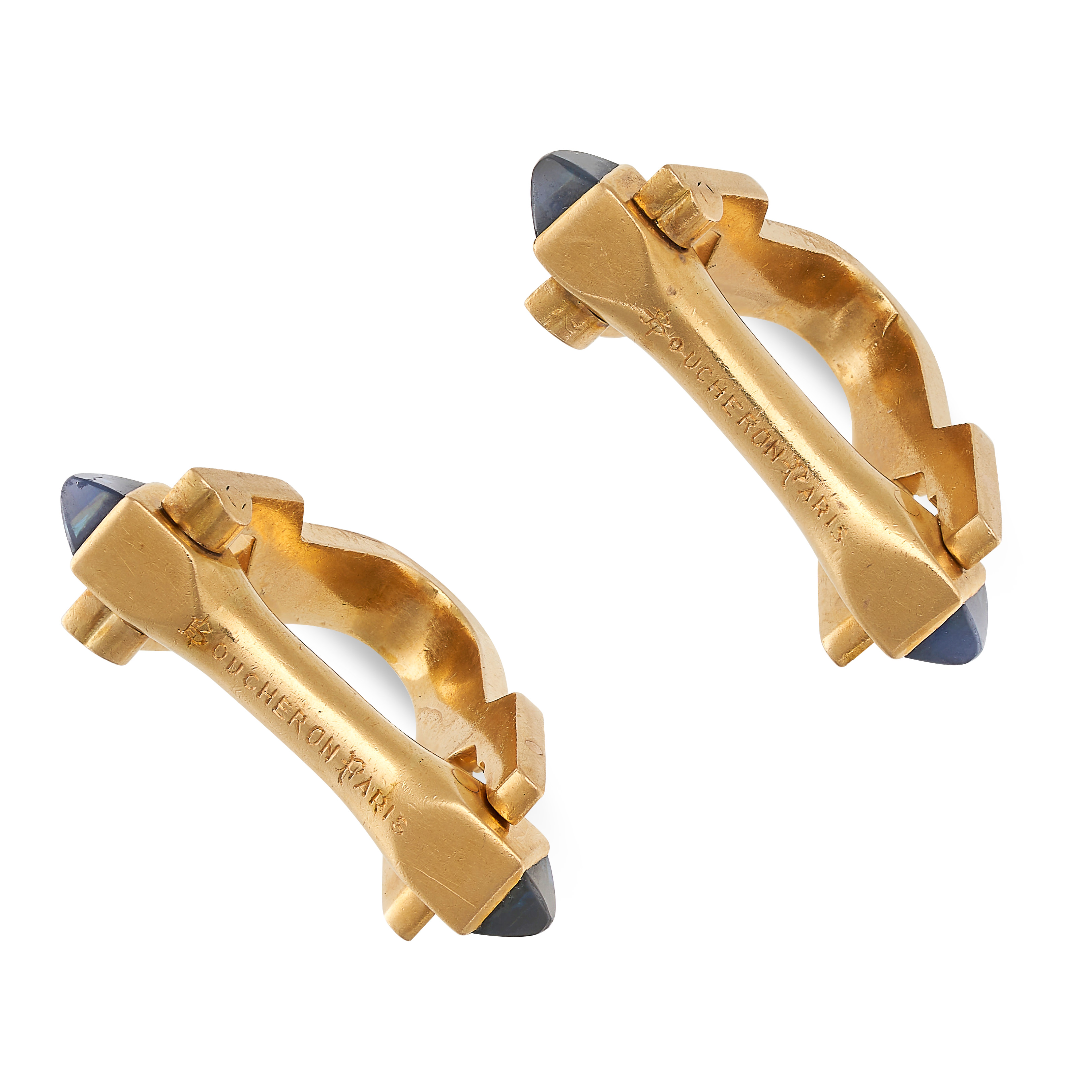BOUCHERON, A PAIR OF VINTAGE SAPPHIRE STIRRUP CUFFLINKS in 18ct yellow gold, each formed of two - Image 2 of 2