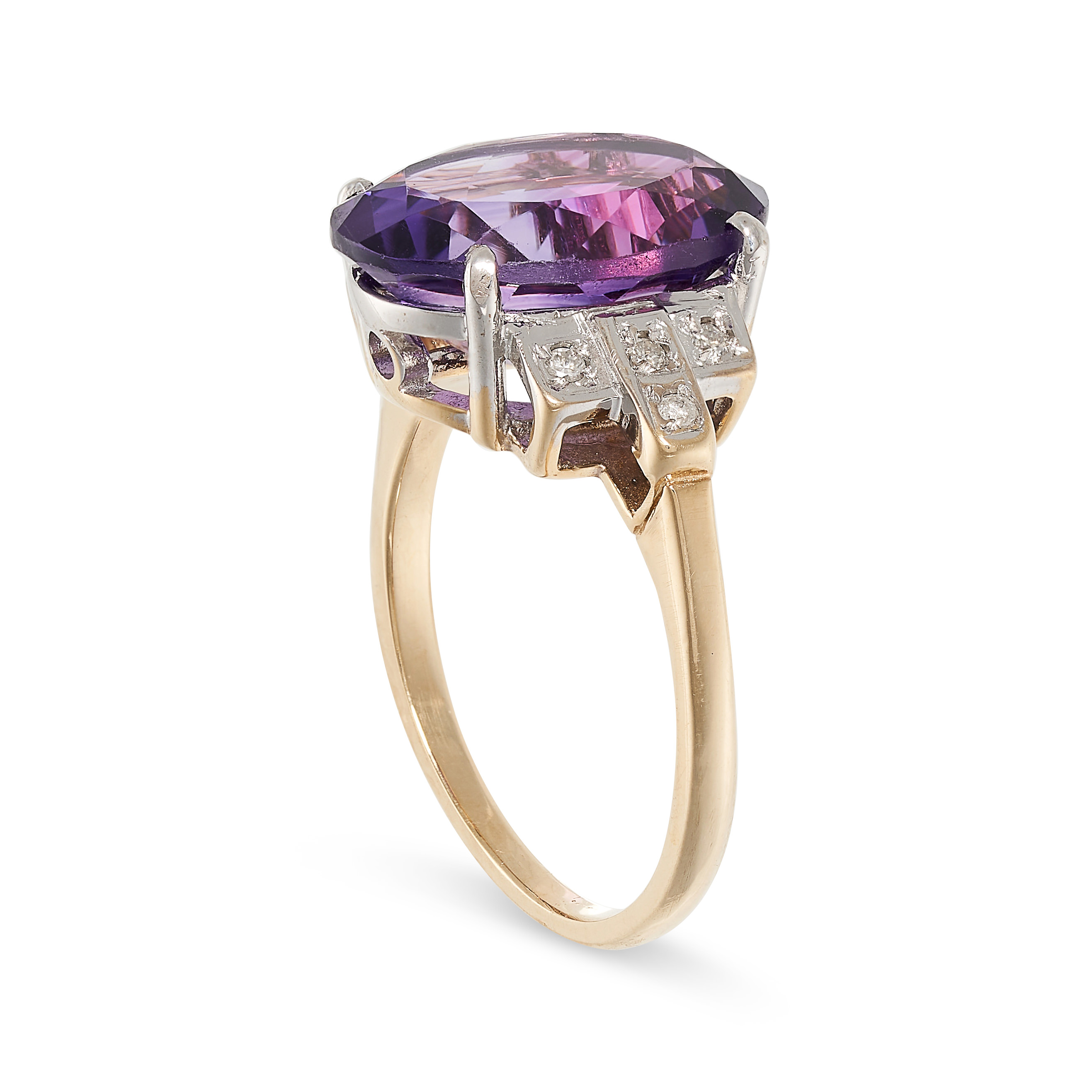 AN AMETHYST AND DIAMOND RING in yellow gold, set with an oval cut amethyst accented by round cut - Image 2 of 2