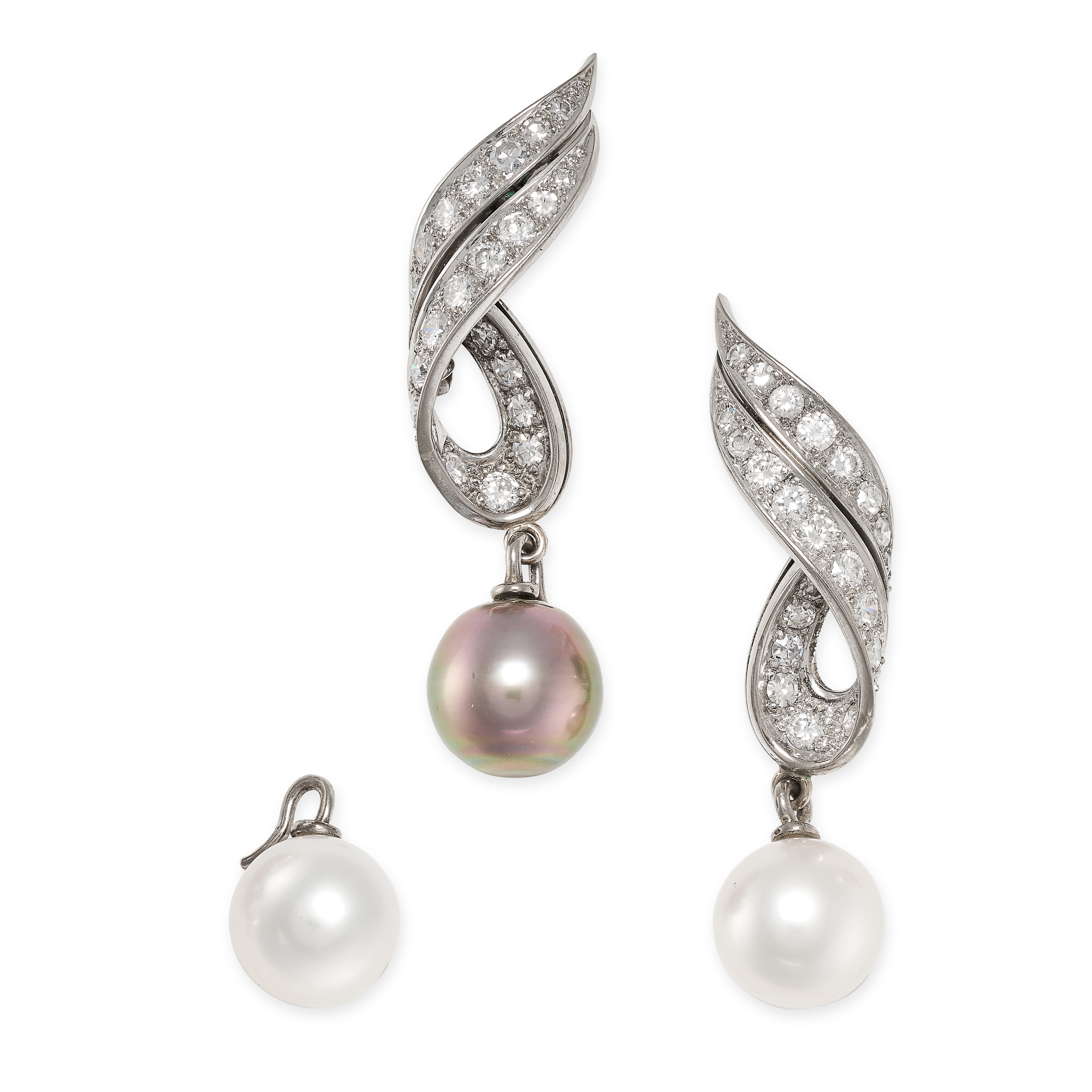 A PAIR OF PEARL AND DIAMOND EARRINGS in 18ct white gold, in scrolling design, each set with round