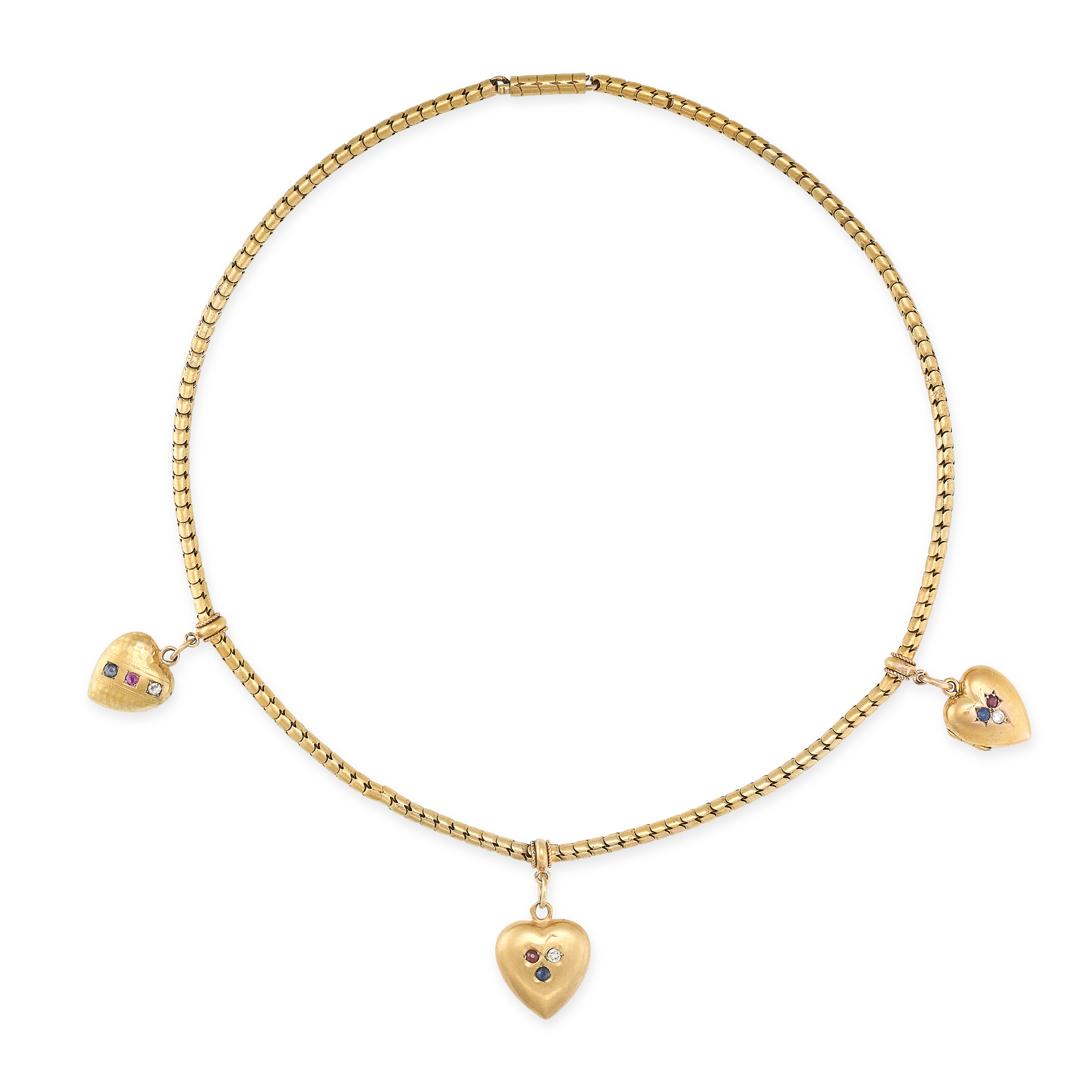 AN ANTIQUE HEART PENDANT / CHARM NECKLACE in yellow gold, comprising a snake link chain with three