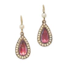 A PAIR OF ANTIQUE GEORGIAN PASTE AND PEARL DROP EARRINGS each set with a pear shaped pink paste