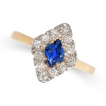 A SAPPHIRE AND DIAMOND RING, CIRCA 1930 in yellow gold, the navette face set with a step cut