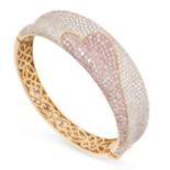A PINK DIAMOND AND WHITE DIAMOND BANGLE in 18ct yellow gold, the hinged body set with round