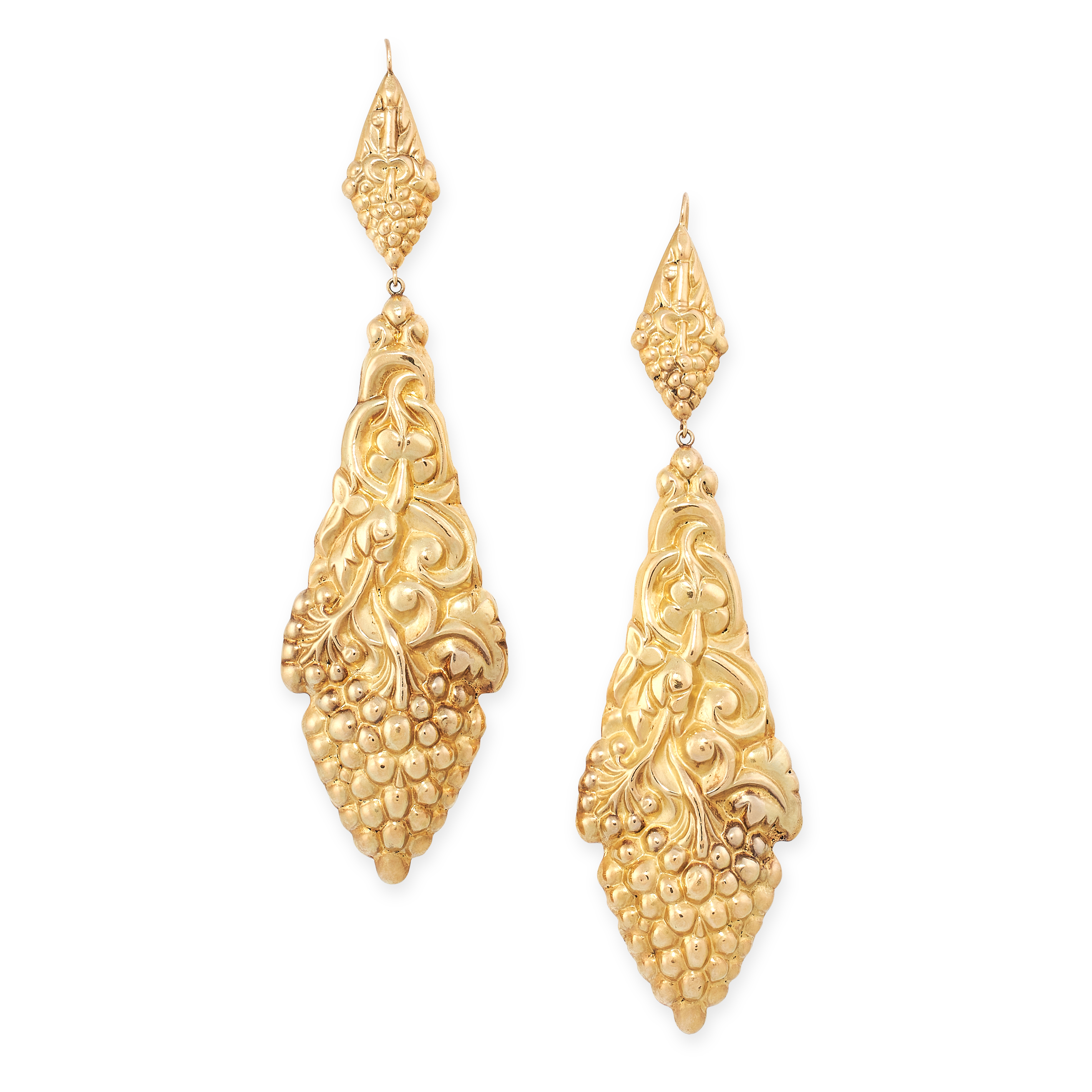 A LARGE PAIR OF EARRINGS in high carat yellow gold, the tapering bodies depicting foliage and grapes