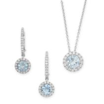 MAPPIN AND WEBB, AN AQUAMARINE AND DIAMOND PENDANT AND EARRINGS SUITE in 18ct white gold, comprising