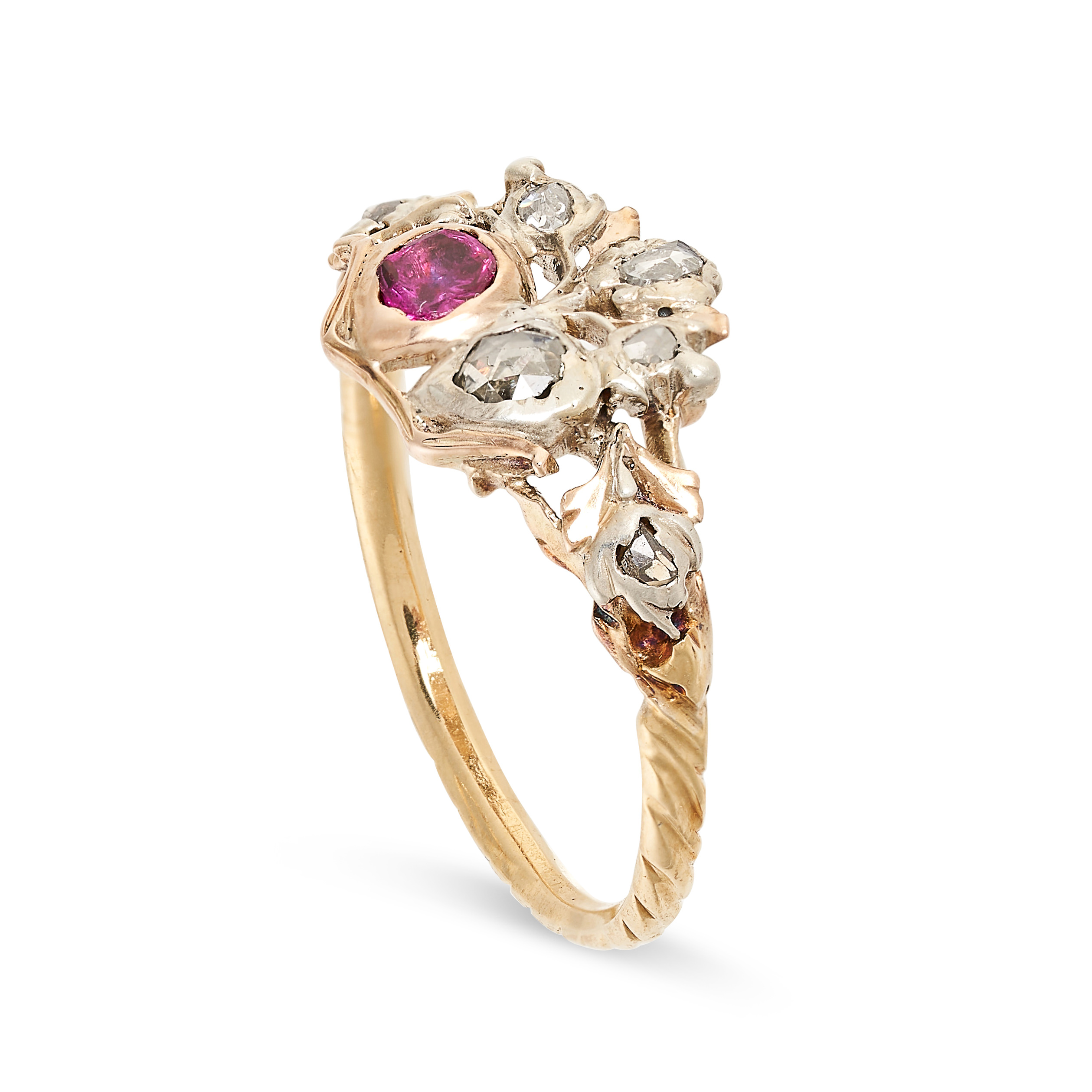 AN ANTIQUE RUBY AND DIAMOND SWEETHEART RING, 19TH CENTURY in yellow gold and silver, set with a - Image 2 of 2